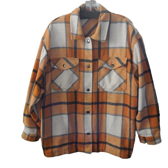 HFX Mens Flannel Shacket Shirt Jacket Sz Medium Button Snap Plaid Pockets Orange - Picture 1 of 5